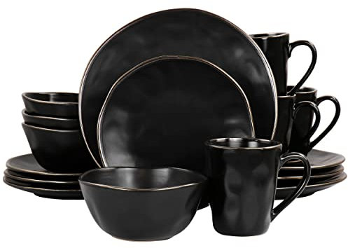 Elama Set da tavola moderno in gres porcellanato da 16 pezzi, nero opaco con bordo in oro