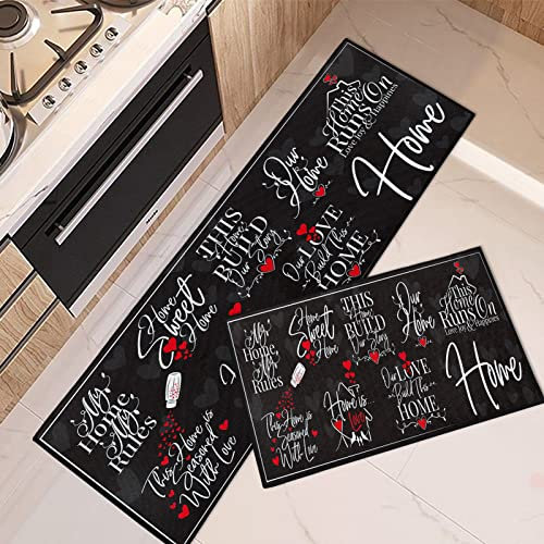 Tayney Schwarze Küchenteppiche und Matten, rutschfest, waschbar, 2er-Set, rotes Liebesherz, My Sweet Home, Küchenläufer, Teppich, moderner Spruch, Kritzeleien, Matten für Küche, Bodendekoration
