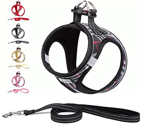 Suredoo Hundegeschirr Kleine Hunde mit Leine, Anti Zug Geschirr Reflektierend Atmungsaktiv Brustgeschirr, Welpengeschirr für Kleine Hunde (Schwarz Kariert, M, Brust: 34-39cm)