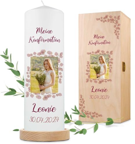 GRAVURZEILE Bedruckte Kerze - Fotokerze zur Konfirmation & Kommunion - Christliche Kerze mit Foto - Personalisiert mit Namen, Datum und Wunschtext - Hochwertige Stumpenkerze 250/80 mm - Farbe: Rosa