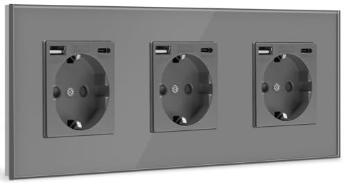 BSEED USB Steckdose Tripel Grau Schuko mit Anschluss (Max. 2.1A) Typ C Port Glas Unterputz Schutzkontakt-Steckdose Ladegerät für Handys, Laptops etc, 3 Fach mit USB/Type C