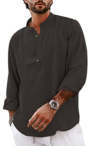YAOBAOLE Men's Henley Shirt Long Sleeve Casual Cotton T-Shirt Hippie Beach Yoga Linen Top Dark Gray M