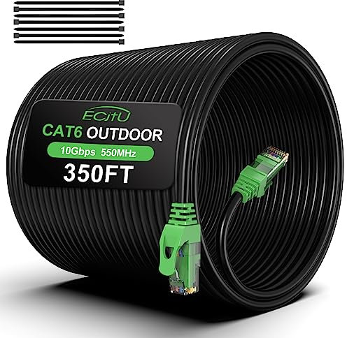 350FT Cat6 Outdoor Ethernet Cable, In-Ground, Heavy Duty Direct Burial, 24AWG CCA Patch Cord for Laptops, PCs, Routers, Printers, Surveillance Camera, POE, UTP Cat 6 Internet Cable with 25 Cable Ties