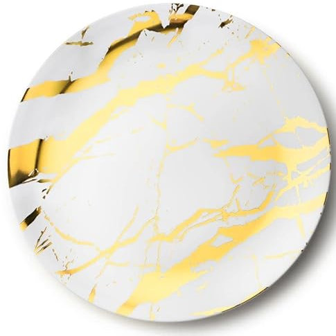 Decorline - Plateau de Service - Lot de 4 - Plats à Servir en Marbre en Plastique Réutilisable Robuste, Plateaux Traiteur de présentation/décoration pour de Fête Buffet - Rond Ø 35 cm - Blanc/Or