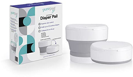 PurePail Go Poubelle à couches portable – Blanc – Contrôle des odeurs supérieur sans parfum ajouté – Se replie pour les déplacements – Compact et peu encombrant