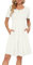 AUSELILY Ladies Summer Short Sleeve Pleated Loose Swing Casual Dress with Pockets Knee Length White S