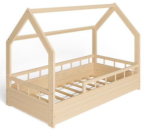 ms factory Hausbett Kinderbett 80x160 cm mit Rausfallschutz und Lattenrost - Einzelbett aus Kiefernholz für Mädchen und Junge - Natur Farblos