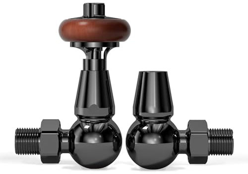 VANCOCO Traditional Corner Radiator Valves 1/2×15mm, Brass Thermostatic Radiator Valve, Cast Iron Antique Thermostat Radiator Thermostat TRV Pair with Solid Wood Handwheel (Black Nickel)