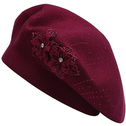 ZLYC Damen Wolle Baskenmütze Klassische Französischen Barett Warm Beret Mütze(Zwei Blumen Burgund)