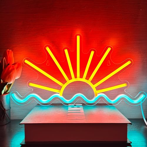 VIKLIU Sunset Neon Sign Sun Wave Neon Signs for Wall Decor USB Powered Led Neon Light Sign forBedroom, Beach Bar, Party, Man Cave, Living Room,Dimmable Led Sign