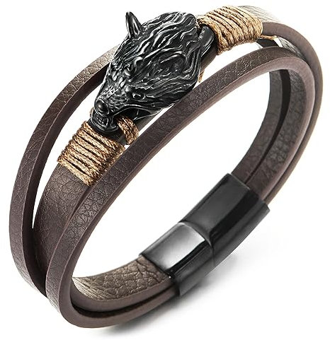 COOLSTEELANDBEYOND Schwarz Edelstahl Vintage Wolfskopf DREI Stränge Braun Geflochtene Leder Schweißband Armband für Herren