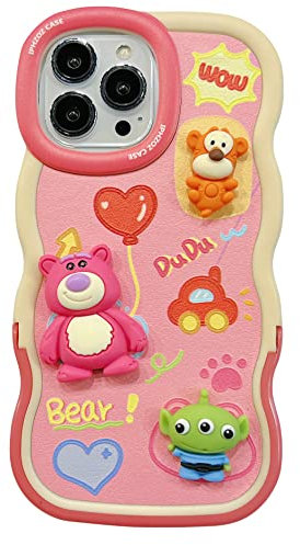 SMAIGE Compatible with iPhone 15 Pro Max Case 6.7 inch, Wave Frame Shape Shock-Absorption Grily Case Cover with Kickstand, Cute Kawaii Anime Cartoon Design for Kids Teens Young Girls Women (Bear)