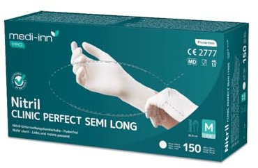 Medi-Inn PRO Clinic-Perfect Semi Long Nitril-Einmalhandschuhe, puderfrei, weiß (Gr. M, 1 x 150 Stück)