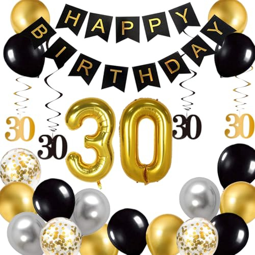 Schwarz und Gold 30th Geburtstag Party Dekorationen für Ihn Sie, Happy Birthday Banner, Nummer 30 Folie Ballon, Schwarz und Gold Geburtstag Dekorationen Zubehör