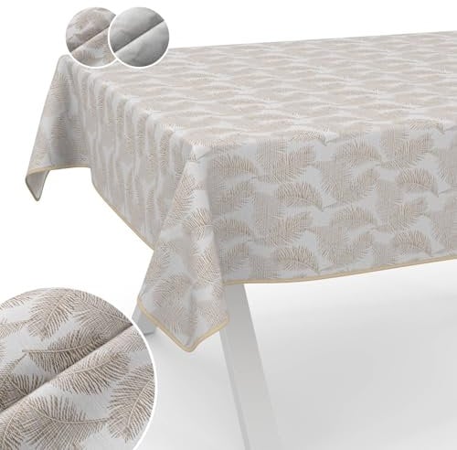 Tischdecke Stoff abwaschbar Lurex Tischtuch Tafeldecke Teflon beschichtet pflegeleicht Lotuseffekt schmutz- & wasserabweisend Kate Floral Blätter 280x140cm mit Saum (Eingefasst) Gold