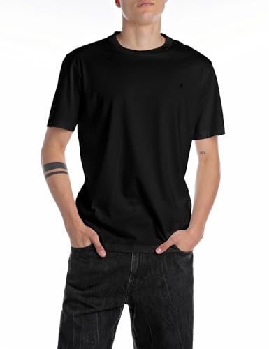 Replay Herren T-Shirt Kurzarm aus Baumwolle, Schwarz (Black), L