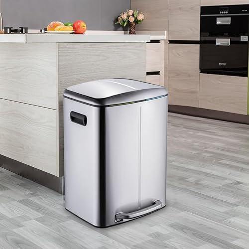 STARNINE 40L Dual Compartment Recycling Bin 2 Section Stainless Steel Kitchen Bin Waste Pedal Dust Bin Soft Closing Lid Finger Print Proof Removable Inner Compartments (Silver)