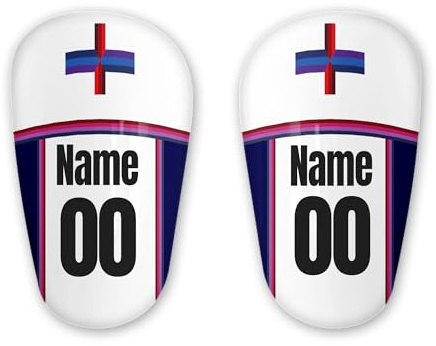 Euro Eng 24 inspiriert weiß und blau Mini Schienbeinschoner personalisiert mit Namen und Nummer, UK Fußball-Team, Kunststoff-Beinschoner, Fußball-Liebhaber gemacht.