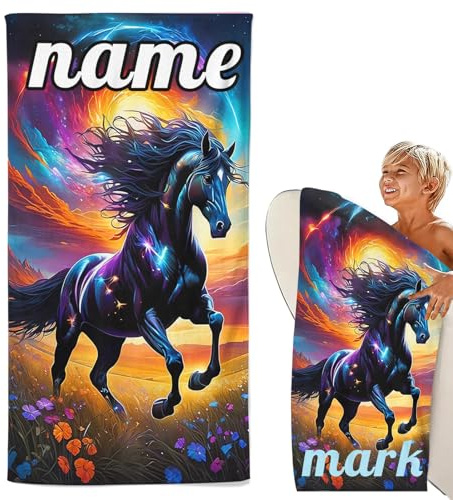 CHEFFS Handtuch Pferd mit Namen Personalisiert Badetuch, Handtuch Pferd Kinder Badetuch mit Namen，Mikrofaser Pferd Strandtuch Groß 100x200cm Badetuch Duschtuch Kinder Pferd (70 x 140 cm,1)