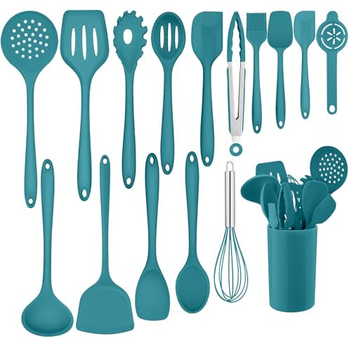 Homikit Küchenhelfer Set, 16 Stück Silikon Küchenutensilien, Kochutensilien Set mit Utensilienhalter, Hitzebeständiger Kochbesteck, Gesund & Antihaft, Spülmaschinengeeignet, Blau