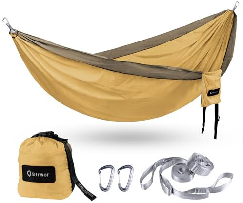 BTRWOR Hängematte Outdoor für 2 Personen | 300kg Traglast | Doppelhängematte mit Befestigungs-Set | Nylon Camping Reisehängematte | 290x170cm(Ahornblatt-Gelb)