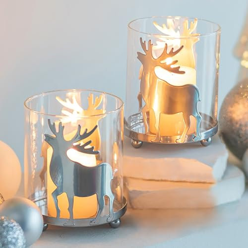 Sziqiqi Kerzenständer für Weihnachtsdeko Silber: Teelichthalter Hirsch mit Windlicht Glas 2 Stück Dekorative Kerzenhalter Stumpenkerzen Geweih für Weihnachten Xmas Tisch Fensterbank Dekor