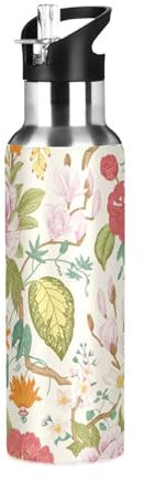 Sevdomey Borraccia vintage floreale con coperchio con cannuccia, in acciaio inox, isolata sottovuoto, per sport, ciclismo, escursionismo, palestra, scuola, casa