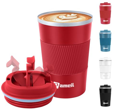 Pameil Mug Isotherme Cafe 380ml Noir, Mug Isotherme Réutilisable Acier Inoxydable 304 Tasse de Voiture avec Couvercle, Café Étanche Mug de Voyage pour Café Chaud et Froid, Lait et Thé