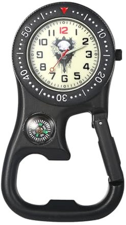 JewelryWe Karabineruhr Totenkopf Uhr mit Karabiner: Halloween Gothic Schlamm Schädel Leuchtend Taschenuhr mit Flaschenöffner Kompass zwei Zeitzonen Analog Quarz Clip On Uhr für Ärzte Krankenschwestern