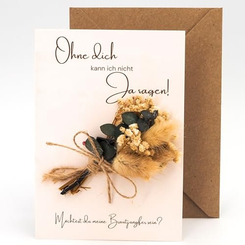 Milaboo® Brautjungfer fragen Karte mit echter Trockenblumenstrauß und Briefumschlag I besondere Karte für bridesmaids I Möchtest du meine Brautjungfer sein (Karte)
