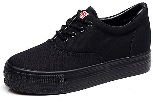 Jamron Chicas Mujer Clásico Plataforma Talón de Cuña Baja Lona Zapatillas Moda Cordón Espadrilla Zapatos Negro SN3616 EU37