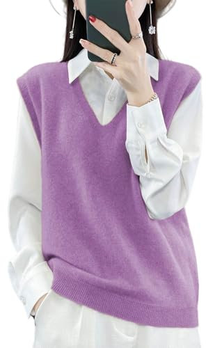 Ailaile Maglione da donna con scollo a V, in 100% lana merino, leggero, senza maniche, gilet di base, top corti, Viola, XX-Large