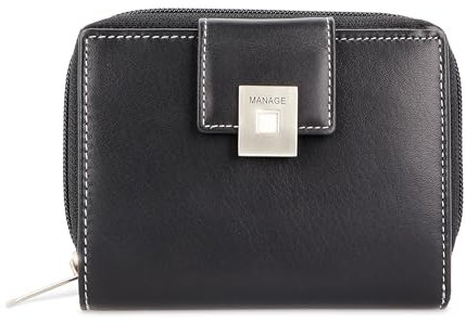 MANAGE Premium Geldbörse Damen Schwarz - RFID NFC Schutz - Geräumiges Echtleder Portemonnaie Frauen mittelgroß - Leder Geldbeutel viele Fächer mit Reißverschluss (Schwarz)