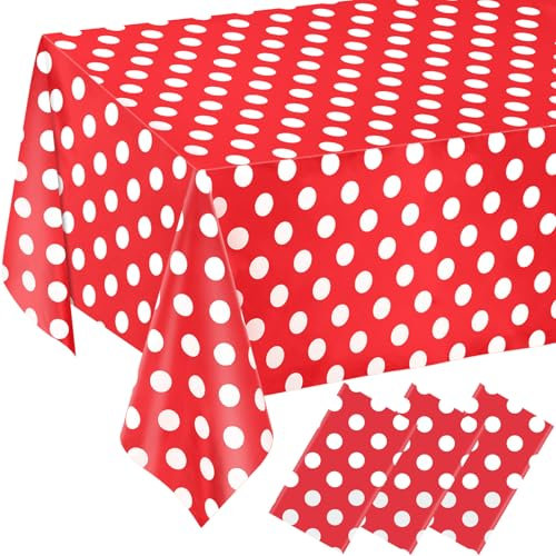 QISOLIY 3 Packs Minnie Mouse Table Cloths Red Polka Dot Tablecloth Disposable Plastic Waterproof Picnic Table Red and White Dots Minnie Tablecover for Birthday Party Bridal Shower 54 x 108 Inch