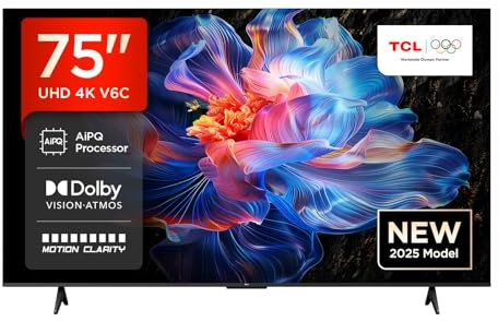 TCL 75V6C 75” Direct LED Smart TV, 4K HDR, Powered by Google TV (Dolby Audio, Motion Clarity, Compatible with Google Assistant & Alexa)