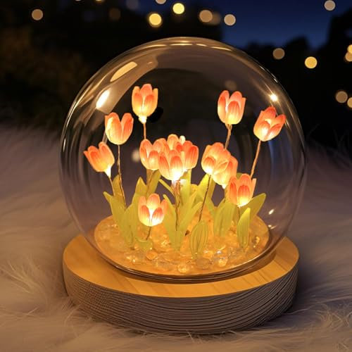 Mothers Day Gifts for Mom from Daughter Son - Tulips Flower Lamp Gifts for Girlfriend Wife, Tulips Artificial Flowers Night Light, Bedroom Decor for Women, Light Up Pink Tulip in A Glass Dome