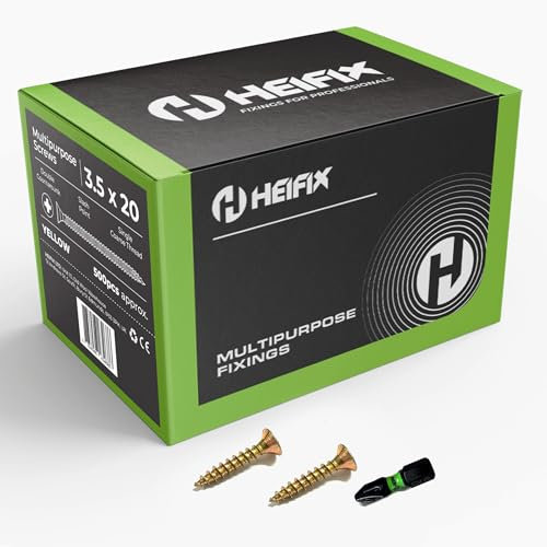 Heifix Multi-Purpose Wood Screws Pozi Double Countersunk - FREE Screw Bit Included (QTY 500, 3.5mm x 20mm)