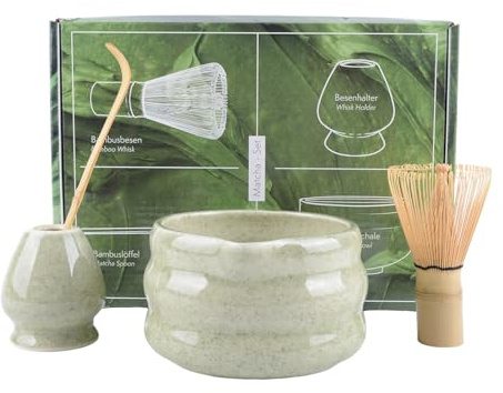 4Pcs Matcha Whisk Set, Matcha Tea Set with Whisk and Bowl, Matcha Spoon, Whisk Holder, 500ml Ceramic Bowl with Pouring Spout, Handmade Matcha Making Kit for Tea Drinking(Green)