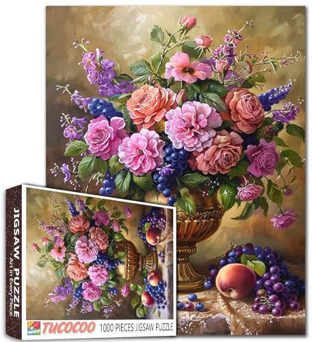 Vintage Bouquet 1000 Teile Puzzle für Erwachsene Studenten Ölgemälde Puzzles Rosa Lila Rosen Pfingstrosen Blaubeeren Pfirsiche Antike Vase Stillleben Kunst 50,8 x 68,6 cm Floral Jigsaws Challenge
