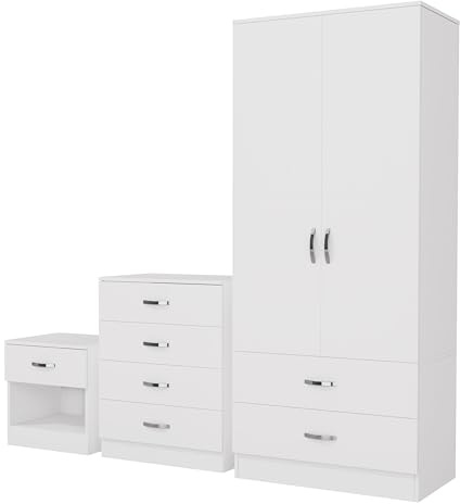 Nera White 3 Piece Bedroom Furniture Set 2 Door Wardrobe with 2 Drawers Chest of 4 Drawers & Bedside Table Bedroom Set
