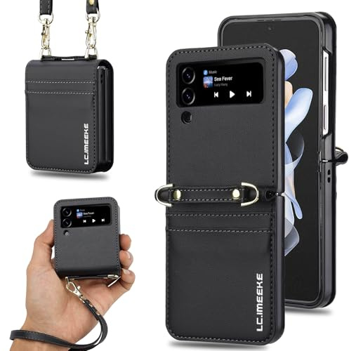 ZHOZEXIN Handyhülle für Samsung Galaxy Z Flip 4 Ständer Stilvolle pu -Ledertasche, Brieftaschenhülle, Kartenschlitz, hülle mit Handgurt, Schultergurt. (Schwarz, Samsung Galaxy Z Flip4)