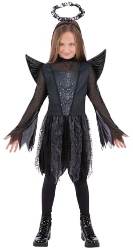 Smiffys Girls Dark Angel Halloween Costume Black Fallen Angel Dress with Wings and Halo Gothic Fancy Dress Outfit for Kids Trick or Treat Devil Fairy Demon Party Look, Age 7-9