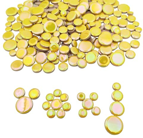 500 g schillernde runde Keramik-Mosaikfliesen, gemischte 4 Größen, Kreis-Mosaikstücke für Blumentöpfe, Vasen, Tassen, Garten und Heimdekoration, Heimwerkerzubehör (gelb)