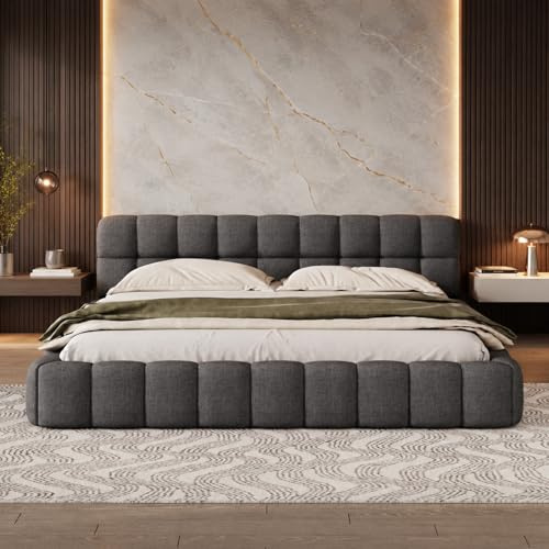 LKPOMI Polsterbett Bubble Bett 160x200, Doppelbett mit Weiches Kopfteil, Jugendbett Bettgestell mit Lattenrost, Leinen, ohne Matratze (Grau, 160 x 200 cm)