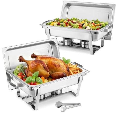 VEVOR Rectangle Chafing Dishes, 9 Qt 2 Pack Stainless Steel Chafing Dish, Food Warmer Chafer Complete Set with Hollow Handle, 1 Food Tongs, Lid, Canister Holder, Chafer Dishes for Banquet Wedding