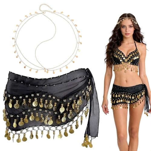 Bauchtanz Hüfttuch Damen Bauchtanz Gürtel, Chiffon Hüfttuch Bauchtanz Gürtel Röcke, Tanztuch mit Münzen, Pailletten Kopfkette Gold