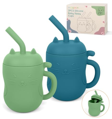 MCGMITT Lot de 2 Gobelets Bébé Silicone, Tasse D'apprentissage 2 en 1 avec Paille et Tasse Ouverte Design Chat Anti-fuite Sans BPA, 150 ml Adapté Lave-vaisselle et Micro-ondes, 10 Mois+ (Vert+Bleu)