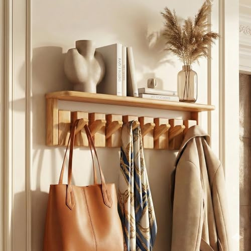 BaoBaJiu Piano Wandgarderobe mit Ablage - Massivholz Gummibaum Flurgarderobe mit Klapphaken, Modernes Schweberegal & Kleiderhaken für Post, Deko, Hut, Tasche, Schwerlast(Natürlich,8 Haken (52cm))