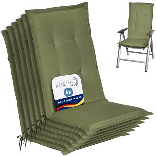 Beautissu 6er Set Gartenstuhlauflage Hochlehner Sitzpolster mit Schaumkern | 120x50x6cm Olivgrün weiche Polster Auflage Sitzkissen für Gartenmöbel Füllung Stuhlauflage Gartenstuhl Auflagen Loft HL