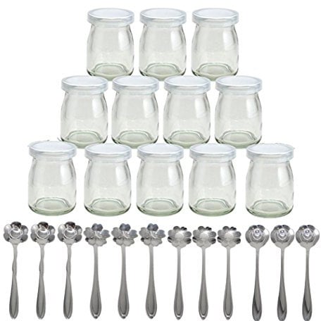 Tikwisdom 1set (12 Jars with 12 Flower-Type Dessert Spoon) Yoghurt Jars Pudding Jar with Lid Replacement Glass Jars for 100ml